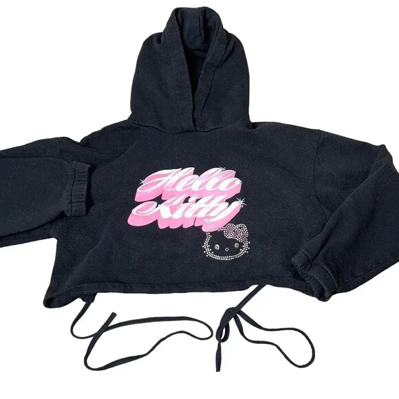 Hello Kitty sweatsuit cropped top and joggers rhinestone black/pink/solver SZ XS - Picture 2 of 12